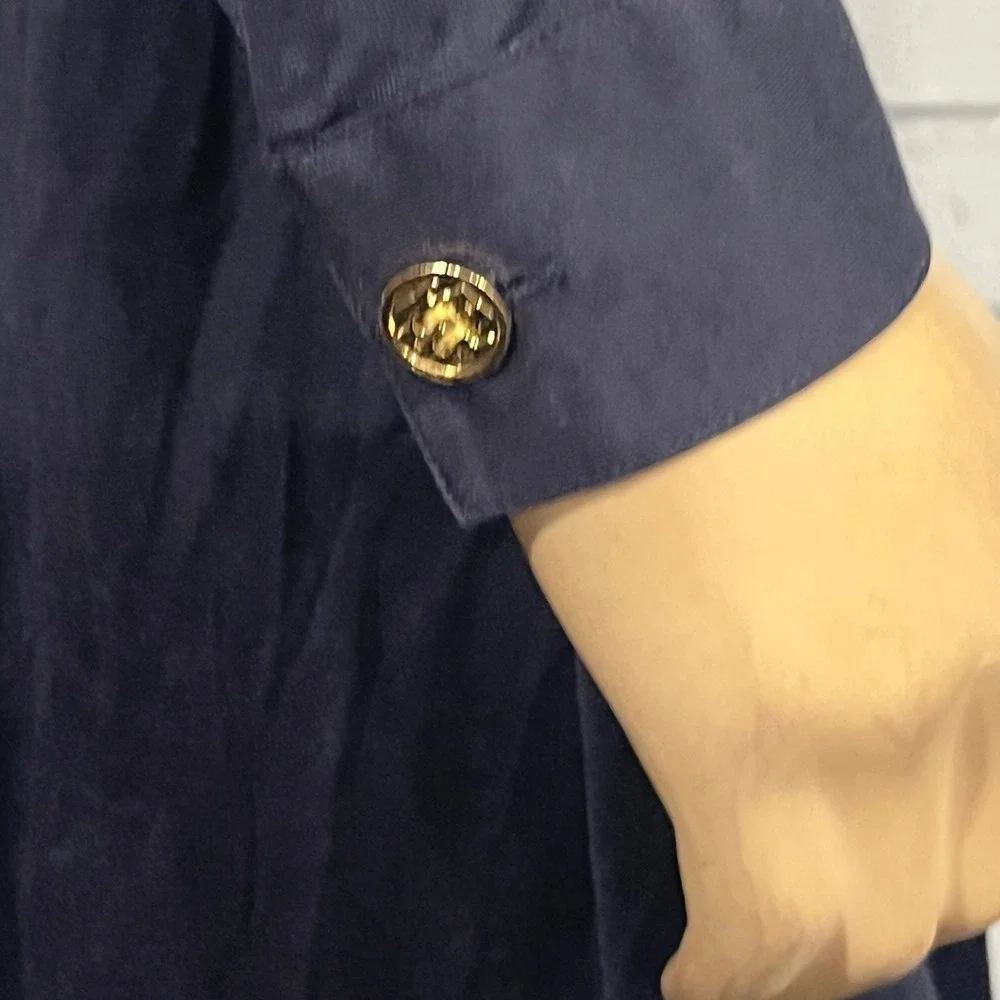 Tory Burch Navy Jersey Long Sleeve Shirt Dress Gold Logo Button Belted Preppy M